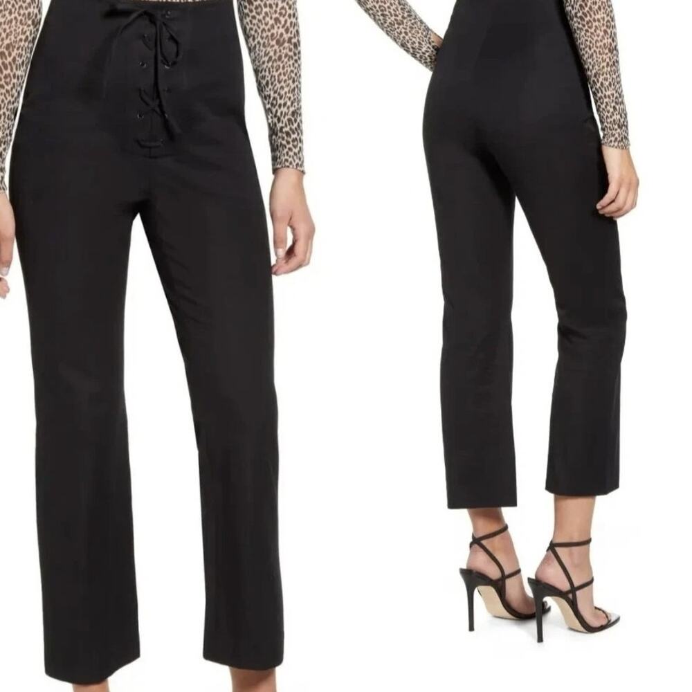 Leith Black 95% Cotton Blend Lace Up High Rise Crop Flare Pants Small #769